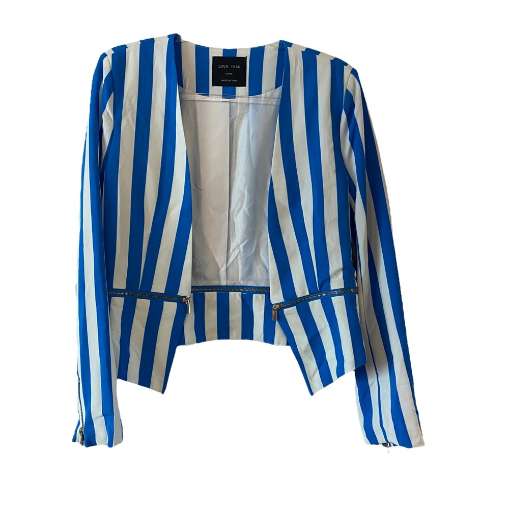 Love Tree Blue and White Striped Open Front Blazer